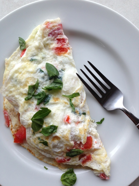 Egg White Omelet with tomatoes, feta, basil, and hummus